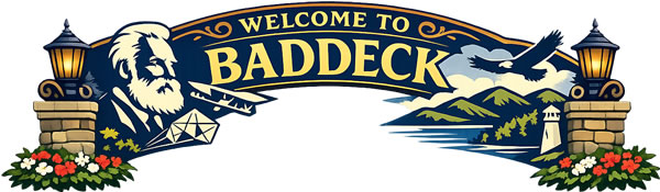 Welcome sign for Baddeck, Nova Scotia
