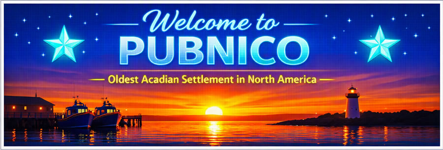 Welcome sign for Pubnico, Nova Scotia